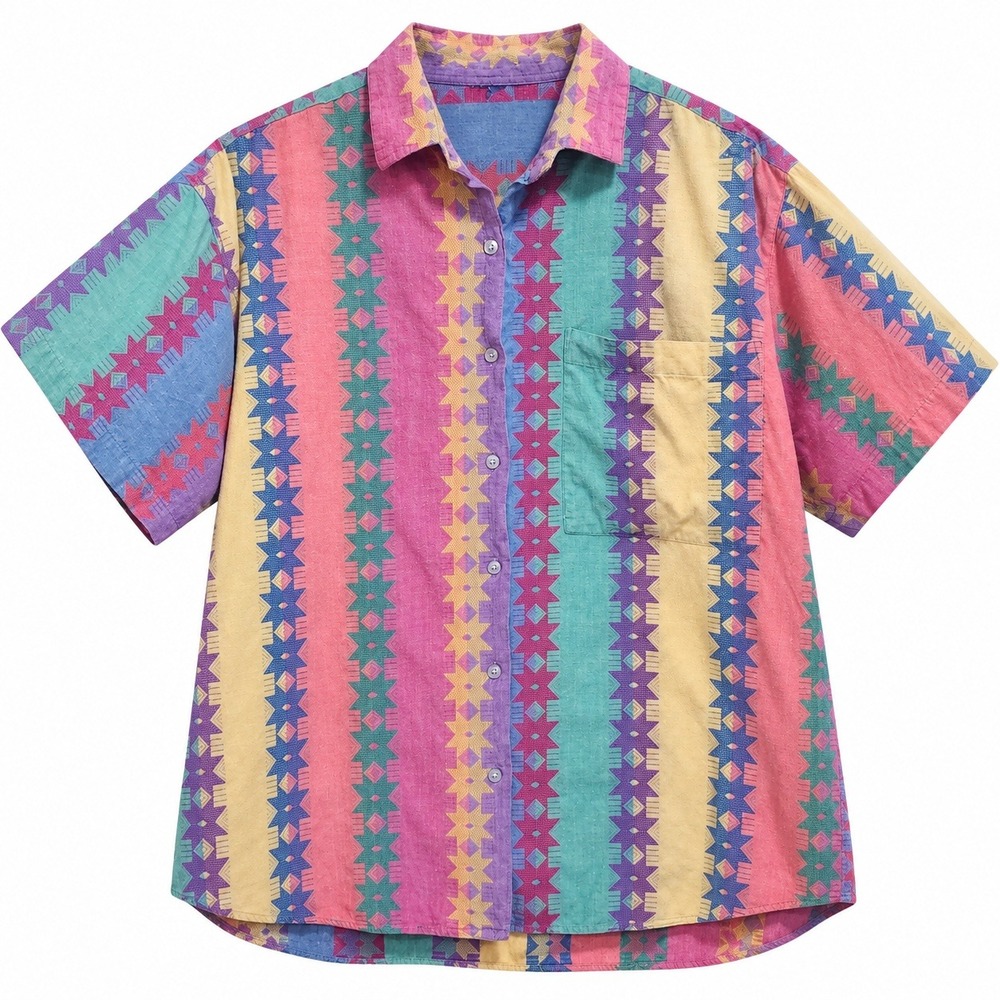 Mens Geometric Tribal Print Button Down Shirt Short Sleeve Multicolor XXL
